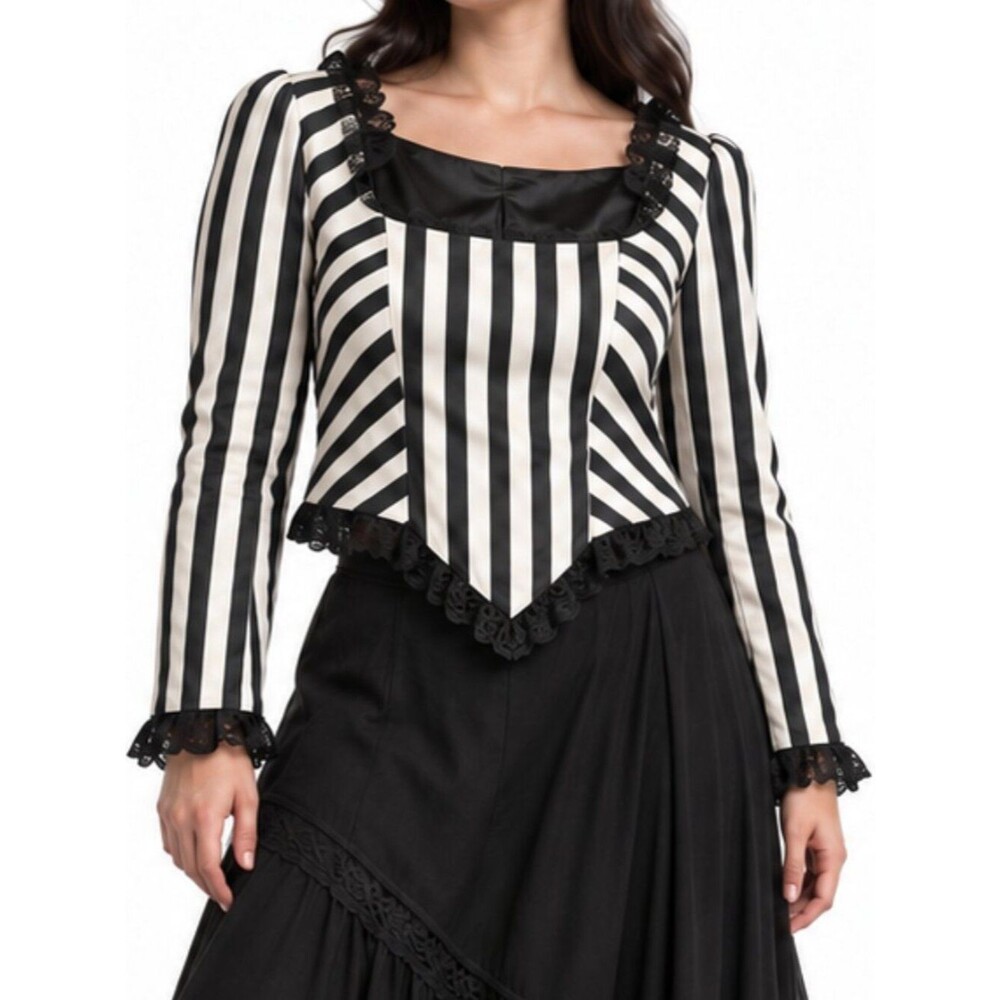 Victorian Choice Black White Striped Gothic Lace Corset Blouse Size Medium